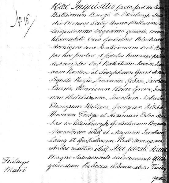 Page written in slanted script in Latin, with a two inch column of white on the left, at the top of which is the entry number and the bottom of which is Finlay Matri