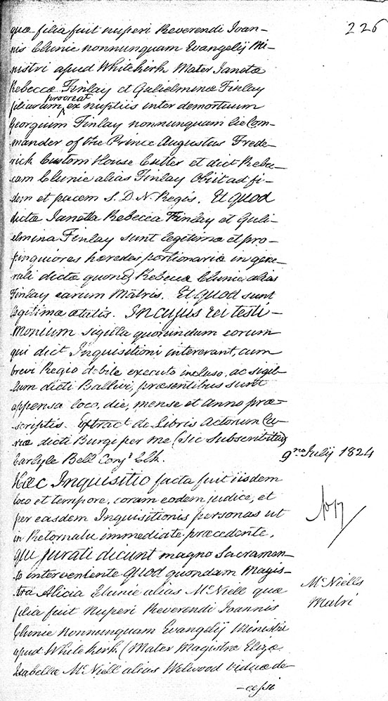 Page written in slanted script in Latin, with a two inch column of white on the right, at the top of which is the page number, half-way down of which is the date 9 July 1824, then the entry number, then at and the bottom of which is McNeills Matri