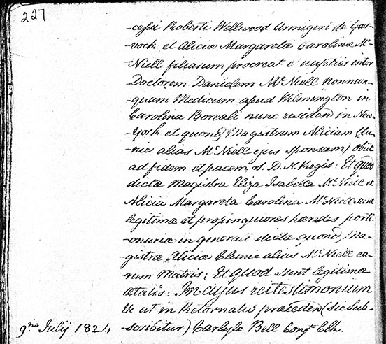 Page written in slanted script in Latin, with a two inch column of white on the left, at the top of which is the page number and the bottom of which is the date 9 July 1824