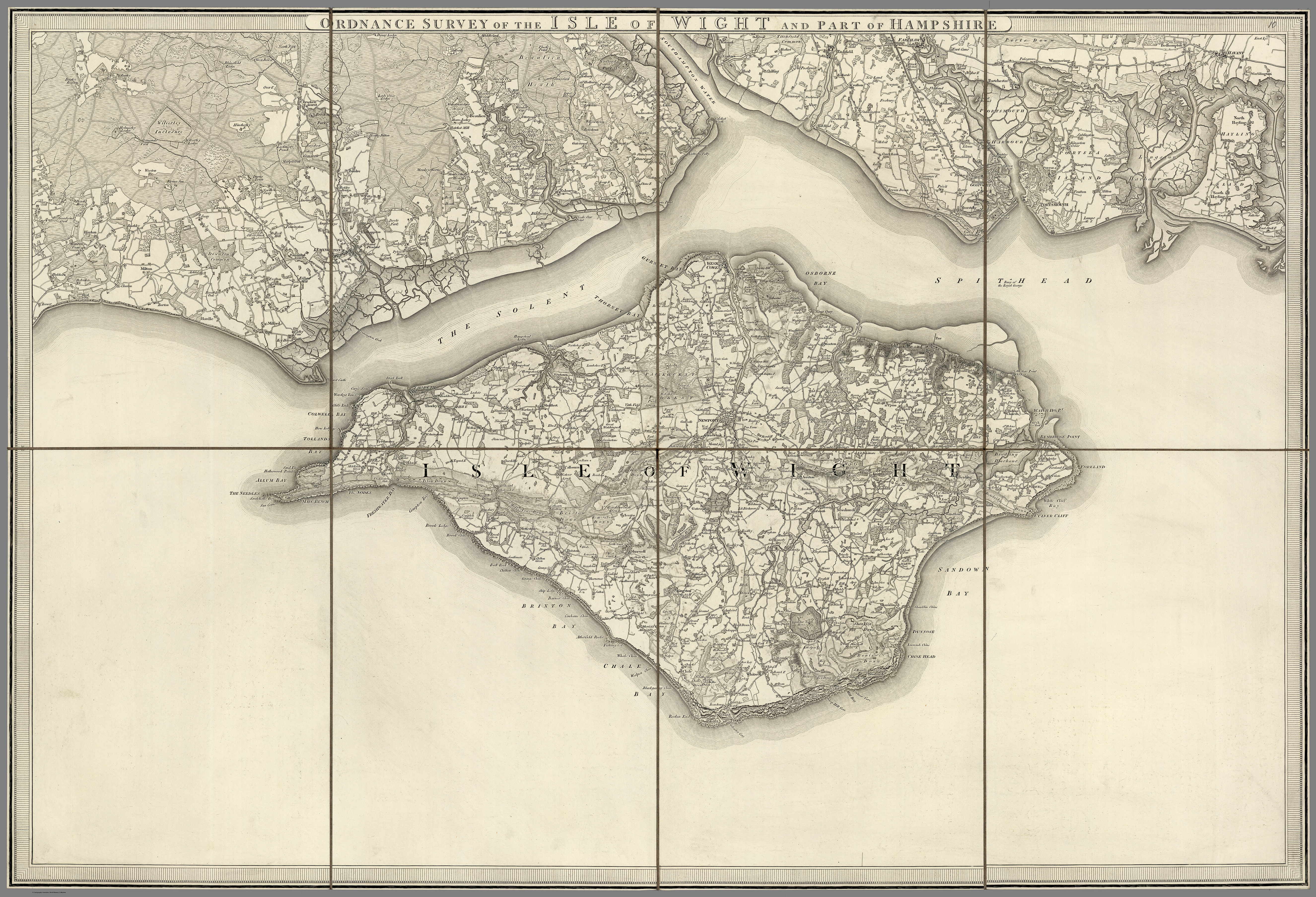 Map of the isle of wight with parts of the south shore of england including portsmouth and leamington.