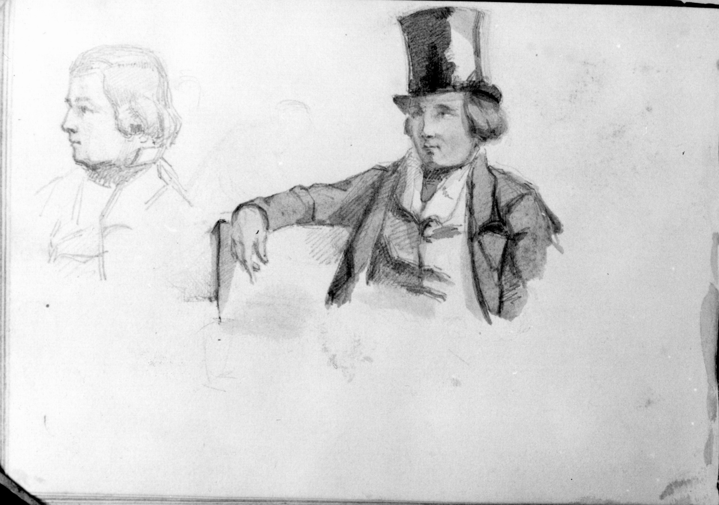 Lightly penciled black and white sketch of a man's head in profile to the left of a rectangular page; pencil and ink drawing of the same man, with a top hat, reclining, in a jacket just right of centre of the page