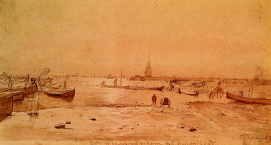 View of a harbour with boats, sandbank in foregraound, steeple of cathedral in background; two figures on the foreshore