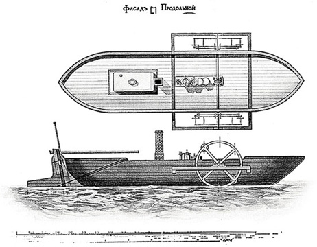 Line-drawing of the schematic for the Elizaveta, the first Russian steamship