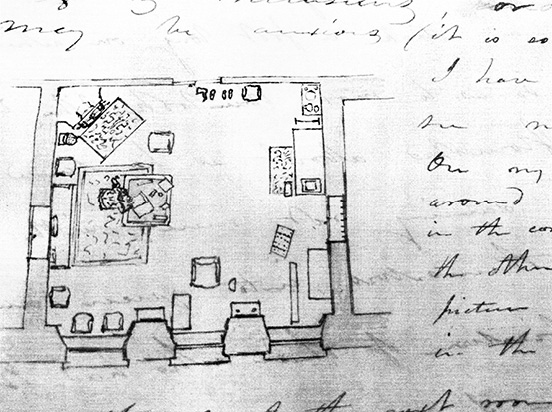 Floor plan of Edward Maynard's room. Desk on carpet to left, chairs on both left, single bed against right wall, corner fireplace top left