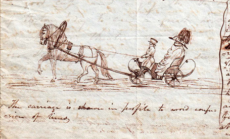 Single horse with large arched harness [pulling a wheeled cart with a driver and male passenger with a large plummed hat