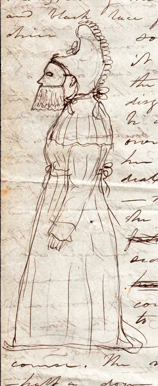 in amongst text, figure with lace mask over mouth but not nose, wearing a gown with lace shoulder flouncy and a cap 