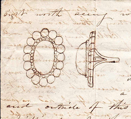 in amongst text, top view of a ring with 16 round stones surrounding one larger stone, set with teeny stones between them; to the right, a side view of the same ring, showing the bevelling and setting