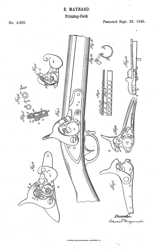 Schematics for Maynard's patent 4208 of the percussion-primer and gun-lock