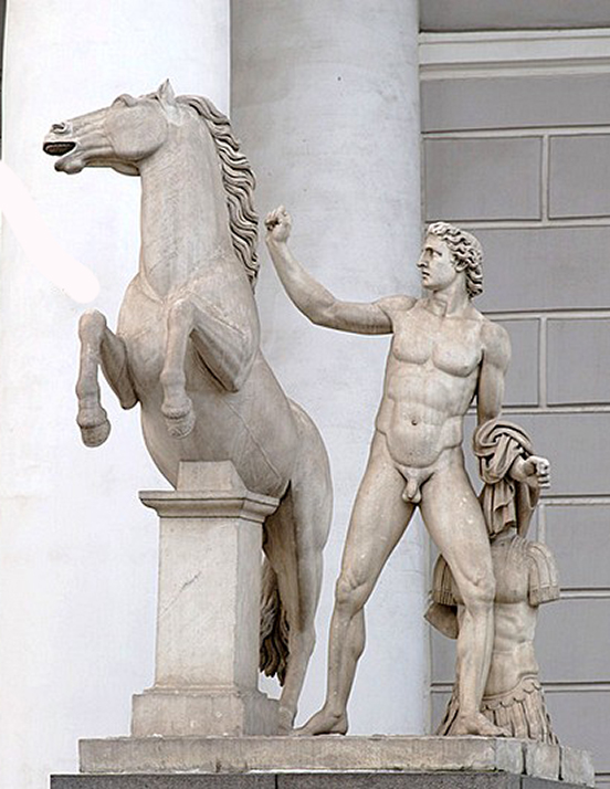 Marble statue of a horse rearing and a naked man holding a robe beside it