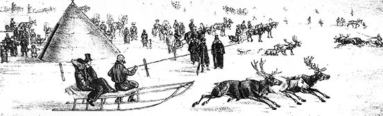 front: two reindeer pulling a sleigh with a driver with a long whip and two passengers; crowd and other reindeer sleighs behind