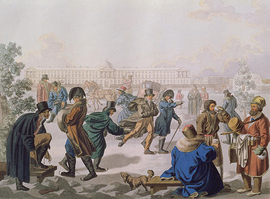 Two men skating centre; man putting on skates to left; people selling and consuming drinks on the right; Russian official building in the background 