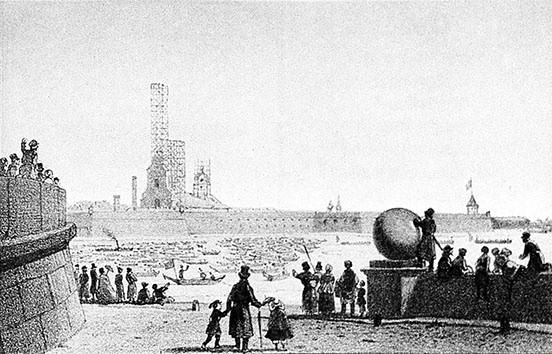 Many boats on the Neva river to the left mid-ground; people foreground on the right and centre watching