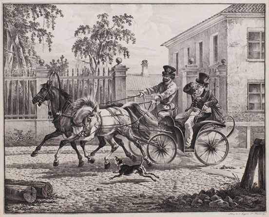 Two horses, one head down, one up, pulling a four-wheeled cart with a driver and one passenger, both with tall hats