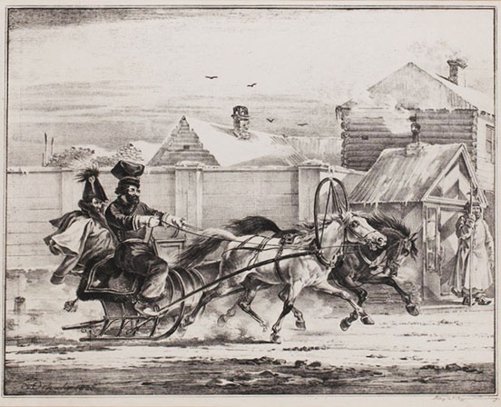 Two horses, heads both down and straining, with large arched harness, pulling a sleigh quickly; driver and one passenger wrapped completely in furs with a tall, expensive-looking hat