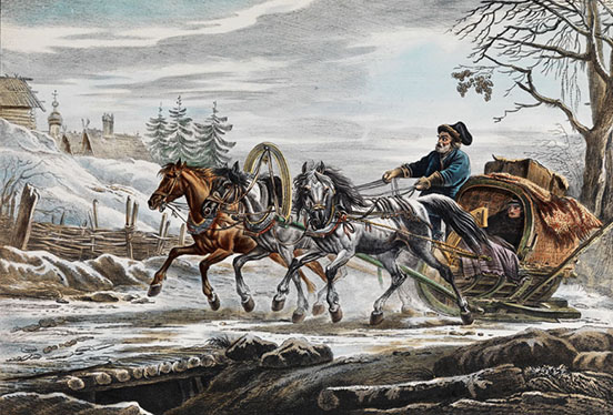 three horses in parallel, the centre with a large arched harness, puling an enclosed sleigh with passenger; driver sitting in the open