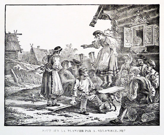 tow women in peasant dress bouncing on a board, one down, one in the air, with men sitting watching and chatting outside a log house