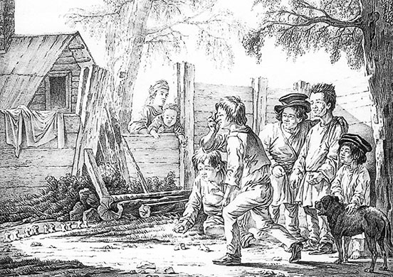 two young boys throughout tokens into a cleared space while three others and a dog look on from right; two other children look on from left, over a fence