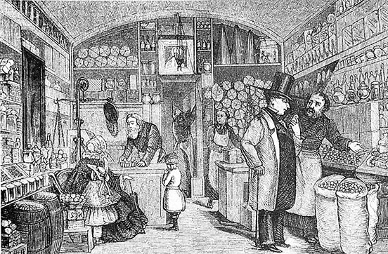 shop with shelves full on three sides; woman sitting on left with two children, being served by shop attendant; merchant selling fruit to gentleman on right