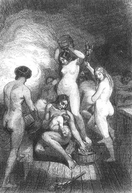 woman centre pouring bucket of water over herself; woman to  right switching herself with a birch want; back of woman to left; woman with child in lap spitting from centre; other female figures behind; all figures without clothes