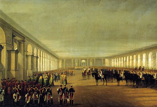 The Horse Guard to the right, all facing a crowd on the left; military figures front left