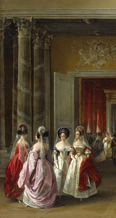 four ladies-in-waiting with elaborate gowns and headpieces