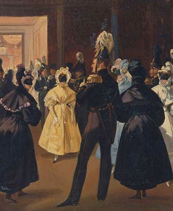 central figures are the back of a man in black military uniform, a woman in a yellow dress facing us to the left of the man, and the back of two women in black, one far left, one right of the man; the women have half-face masks; the man has none