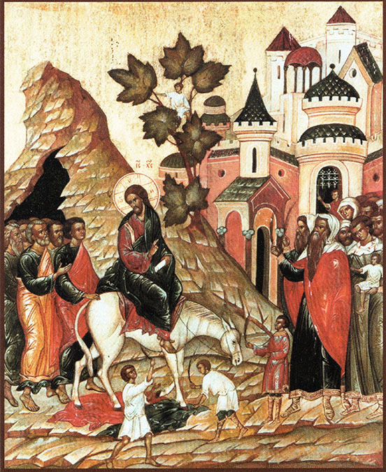 Christ on a donkey with disciples behind him to left, and the people of Jerusalem before him to the right; two young boys in white centre foreground; city behind right