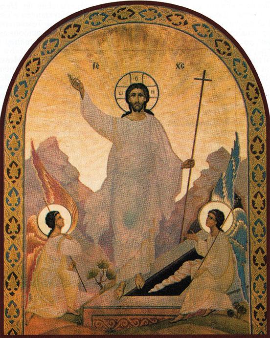 arched image; risen Jesus centre holding a cross; gold background; angel in each front corner, left and right