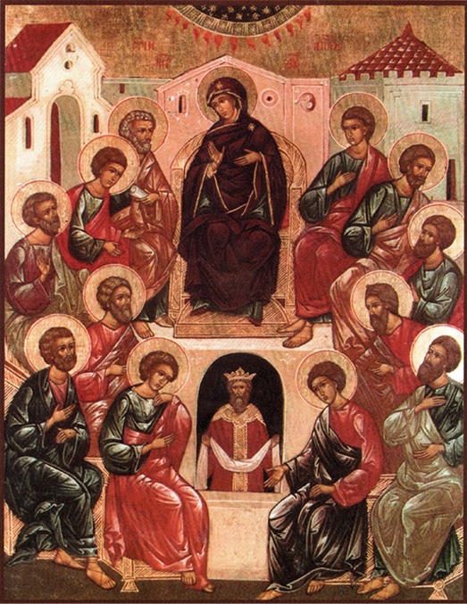 Christ centre bottom holding a shroud; Holy Spirit in the form of a woman above; disciples surrounding both, six on each side