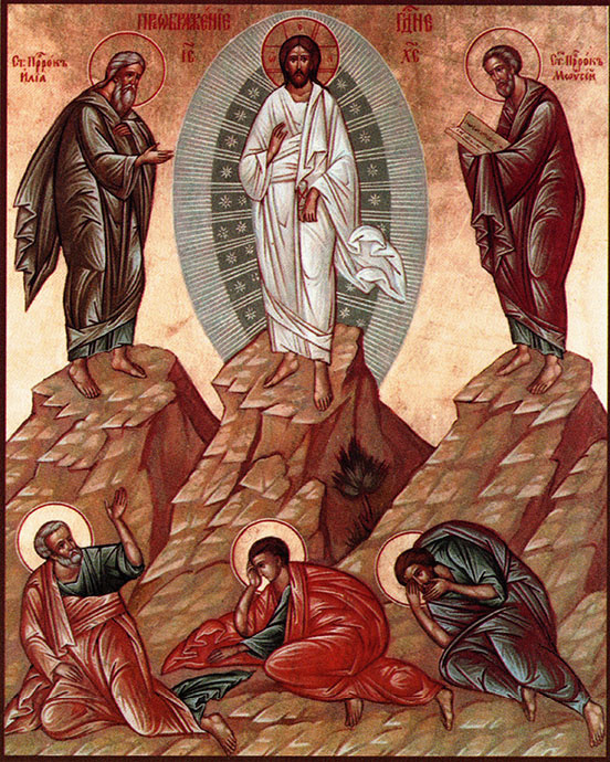 Christ standing centre top on a rock; three figures (saints) on the rocks below him, left, centre, right; two figures (saints) to his left and right