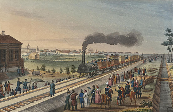 Steam train on tracks running from centre right to bottom left; station edge on left; crowd on both sides of tracks; canal running up right side of painting with a tree beside it on the very right edge