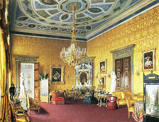 Lyon Drawing room with gilt wall paper and crystal chandelier