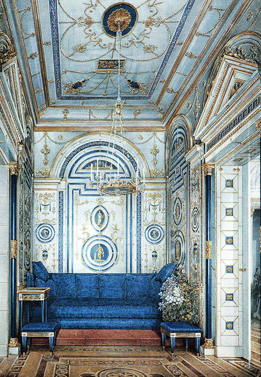 Blue Cabinet with blue and white and gilt decoration and a blue sofa