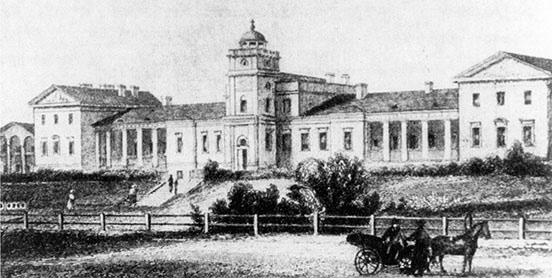 All Who Mourn mental asylum in 1834, with a horse and carriage on the road in front