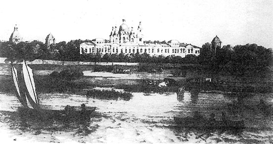 Trinity-Sergius Monastery in the 1840s, from the water, with boats in the foreground