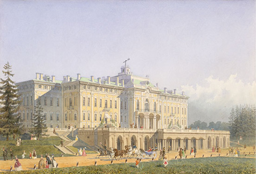 Strel’na Palace with people and carriages on the grounds in front