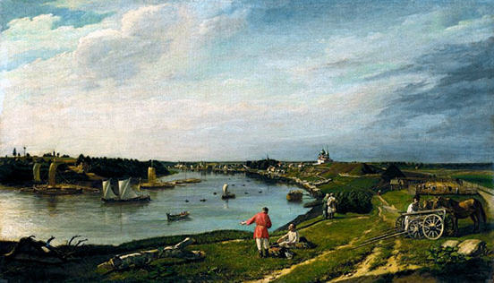 Flat landscape of Lake Lagoda with two figures front centre, a cart and horse to the right, and boats on the lake to the left 