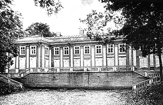 The palace of Peter the Great at Ekateringof, two storey building, showing stairs down to a courtyard