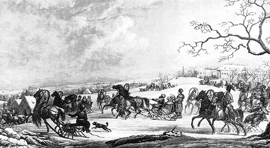 Traffic on the road to Krasnyi Kabachok: horses and sleighs and pedestrians in the snow