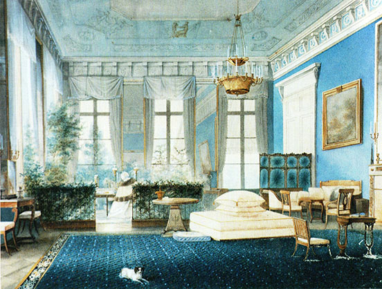 Empress Aleksandra Fyodorovna's study, in blues and whites, with ottomans on the persian carpet on the floor and tall windows letting light in