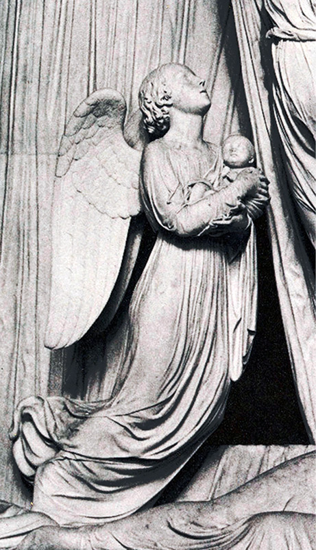 Angel from Princess Charlotte's tomb in Windsor, England, holding Charlotte's dead child, looking up to the right