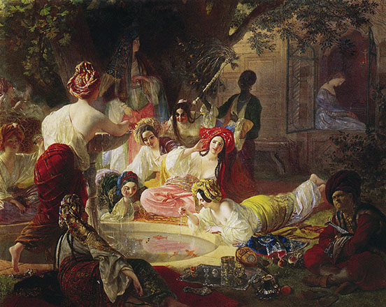 A group of five women in toga-like garments, leaning over a pool gazing down; one servant standing in the dark behind