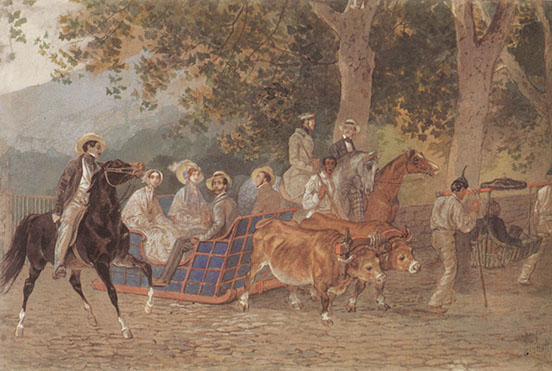 A man on horseback to the left; a cart with four persons sitting, drawn by two oxen, mounted horsemen behind, and two servants leading the horses