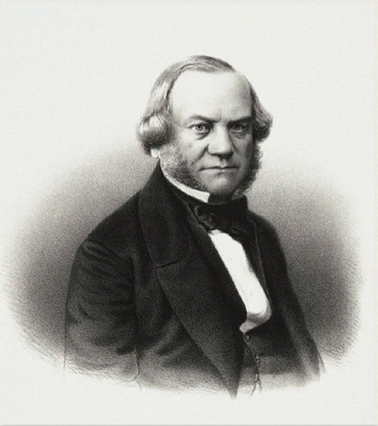 Pencil sketch of a heavy-set man with a receeding hairline, in a black susit with white shirt, mid 1800s