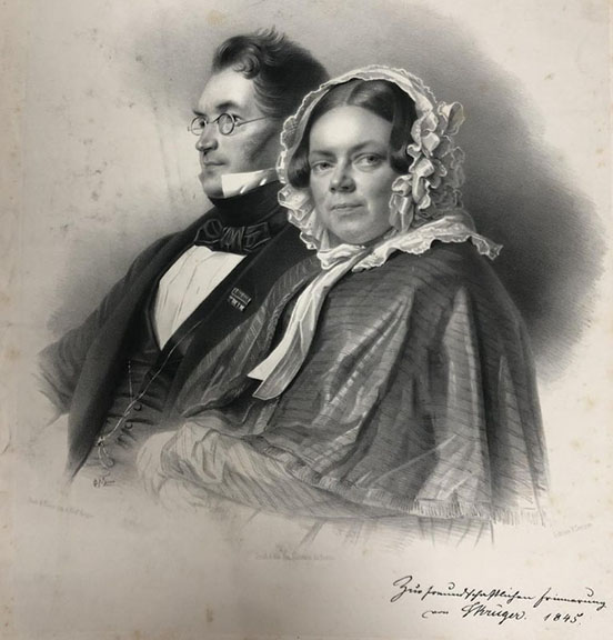 Pencil sketch of a man and a woman in a bonnet, facing left, in Victorian garb