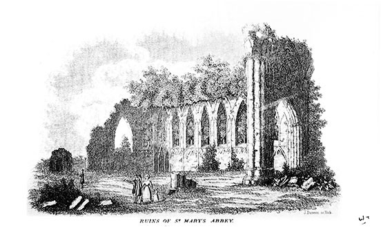 Ruins of Saint Mary’s Abbey, York: half the front and back walls and one side wall still standing, showing arched windows; two people walking in foreground