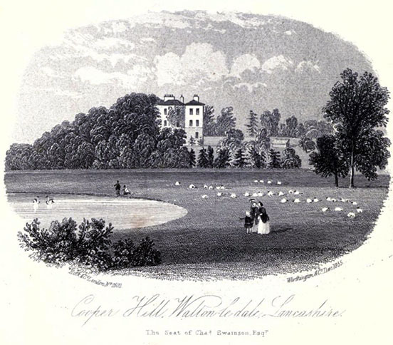 Cooper Hill, Walton-le-dale, Lancashire, behind trees in the back, with a field of sheep and lake, with two people at the shore and three people in the foreground walking