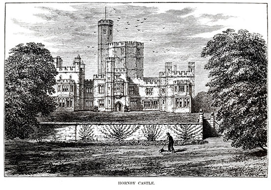 Hornby Castle and the sounds in front, with a groundsman and trees on either side