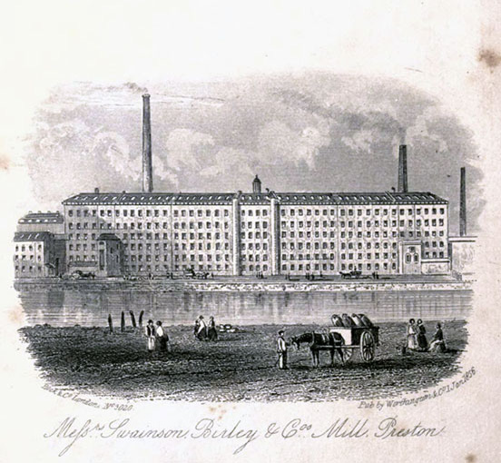 Swainson, Birley and Company Mill, Preston, across the water, with figures in the foreground on foot and with a horsecart