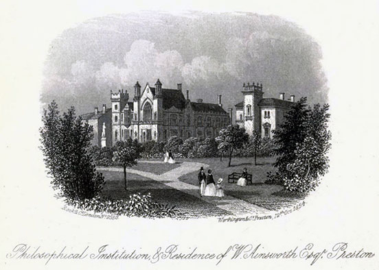 Philosophical Institution, Preston, with a man, woman, and child strolling in the grounds in front